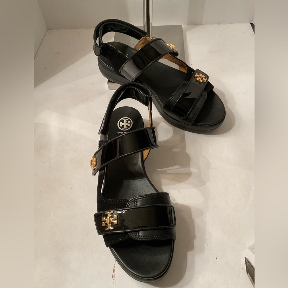Tory Burch black patent logo sandals